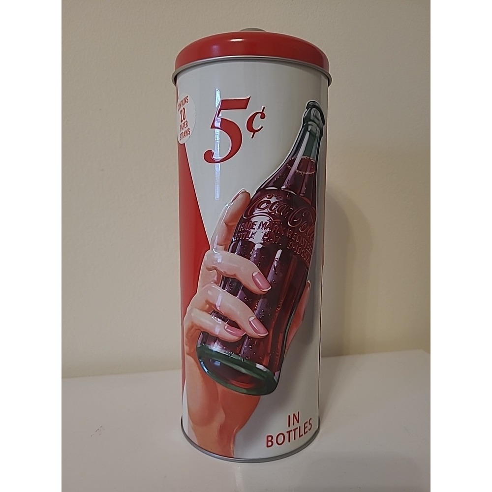 Coca-Cola Vintage Style Straw Dispenser Tin with 20 Paper Straws Red White 5c